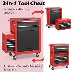 2-in-1 Detachable Toolbox Rolling Tool Chest High Capacity Tool Cabinet Dark+Red