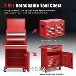 2-in-1 Detachable Toolbox Rolling Tool Chest High Capacity Tool Cabinet Red