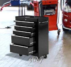5-Drawer Lockable Steel Tool Storage Cabinet Wheels Handle 2 Keys Black
