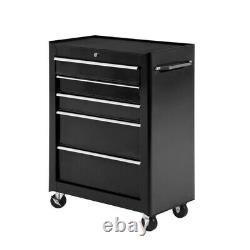 5-Drawer Lockable Steel Tool Storage Cabinet Wheels Handle 2 Keys Black