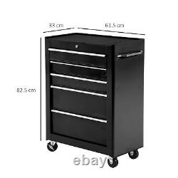 5-Drawer Lockable Steel Tool Storage Cabinet with Wheels Handle 2 Keys Black