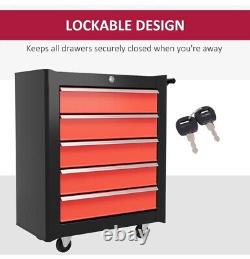 5-Drawer Tool Chest Steel Lockable Tool Storage Cabinet with Wheels & 2 Keys Red