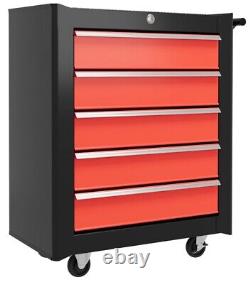 5-Drawer Tool Chest Steel Lockable Tool Storage Cabinet with Wheels & 2 Keys Red