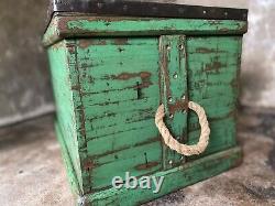 ANTIQUE Industrial CHEST, Large Wooden Storage TRUNK, Old Green Tool Chest + Key