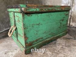 ANTIQUE Industrial CHEST, Large Wooden Storage TRUNK, Old Green Tool Chest + Key