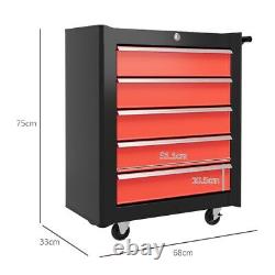 HOMCOM 5-Drawer Tool Chest Steel Lockable Tool Storage Cabinet with Wheels Red