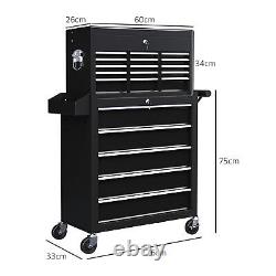 HOMCOM Rolling Tool Chest Lockable Roller Cabinet with with 14 Drawers Black