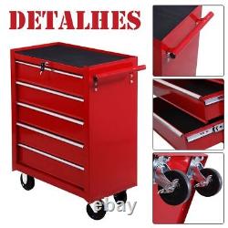HOMCOM Tool Trolley with 5 Drawers Steel Tool Chest on Wheels with Handle Red