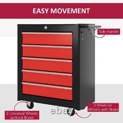 Lockable 5-Drawer Tool Chest Steel Storage Cabinet with Wheels, Red