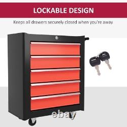 Lockable 5-Drawer Tool Chest Steel Storage Cabinet with Wheels, Red