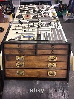 Vintage Oak 7 Drawer Engineers Cabinet Tool Makers Chest With Contents + Key