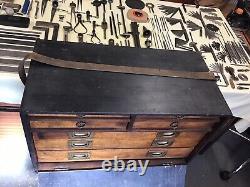 Vintage Oak 7 Drawer Engineers Cabinet Tool Makers Chest With Contents + Key