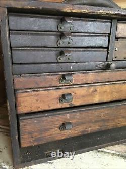 Vintage Wooden Scratch Built Engineers Tool Makers Box Chest Cabinet 9 Drawers