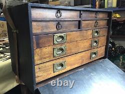 Cabinet d'ingénieur en chêne vintage à 7 tiroirs avec contenu + clé