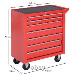 Caisse à outils à roulettes avec 7 tiroirs, coffre de rangement, rouge, pour garage et atelier.
