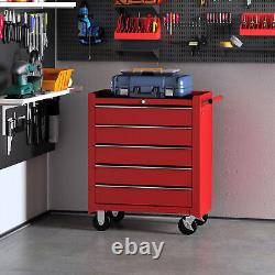 Coffre à outils à 5 tiroirs sur roues avec serrure et 2 clés pour atelier de garage rouge.
