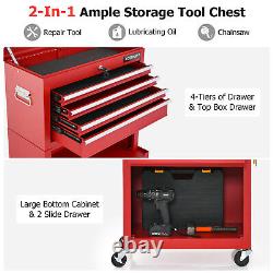 Coffre à outils roulant 2-en-1 avec armoire de rangement verrouillable et boîte à outils détachable en rouge