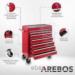 Coffret à outils à roulettes AREBOS avec 7 tiroirs de rangement, boîte à outils, chariot rouge