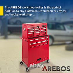 Coffret à outils à roulettes AREBOS avec 9 tiroirs, coffre à outils, chariot rouge