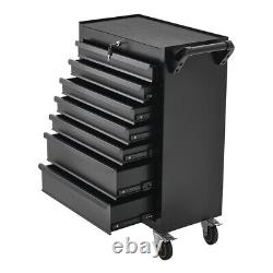 Grande boîte à outils noire avec tiroirs, coffre et roulettes verrouillable.
