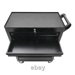 Grande boîte à outils noire avec tiroirs, coffre et roulettes verrouillable.