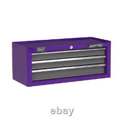 Top chest, Mid Box & Roll cab 9 Drawer Stack Purple Sealey AP2200BBCPSTACK
Empilement de coffre supérieur, boîte centrale et chariot à tiroirs 9 violets Sealey AP2200BBCPSTACK.